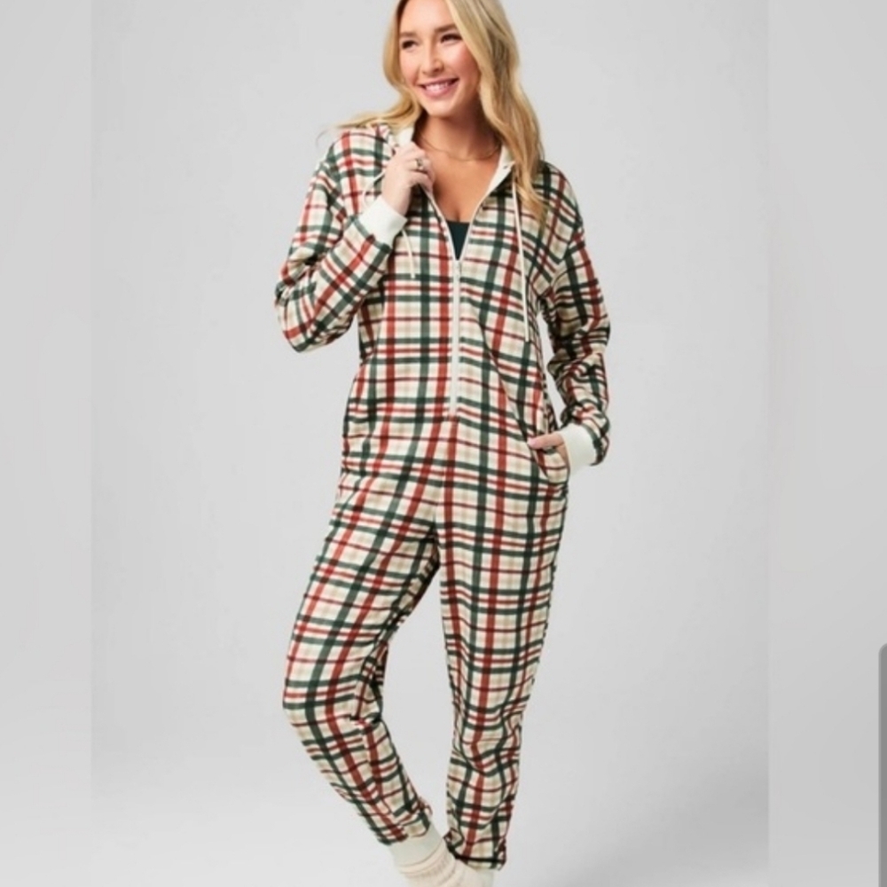 Fabletics Plaid Cozy Fleece Hooded  One Piece Jumpsuit Pajamas Women's Small